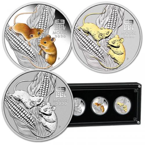 Støíbrné mince MOUSE Lunar Year Series III Set 3x1 Oz Silver Coin 1$ Australia 2020