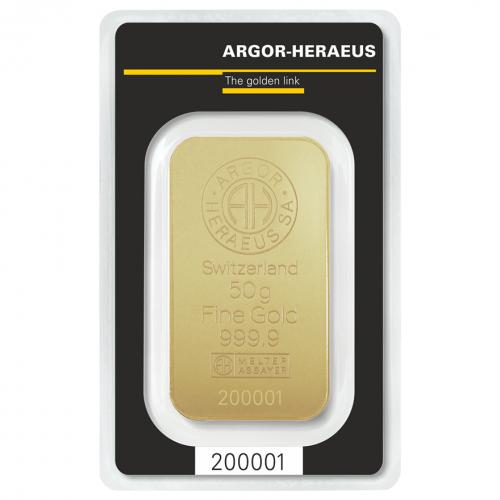 Zlatý slitek 50g Argor-Heraeus 