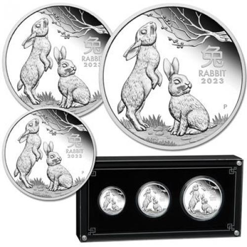Year of the Rabbit 2023 Australian Lunar series III. Trio set 2 Oz, 1OZ, 1/2 Oz Ag Proof